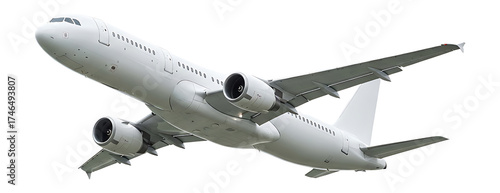 White passenger jet airplane in flight isolated on transparent background