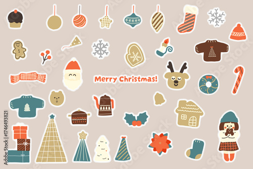 北欧風のシンプルかわいい手描きのクリスマスイラストセット　ステッカー風