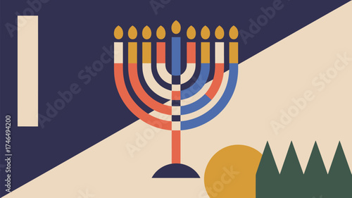 A stylized hanukkah menorah with geometric shapes and candles against a split background design