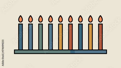 Illustration of nine candles with orange flames arranged in a row on a teal candle holder base