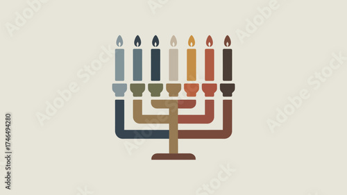 A minimalist hanukkah menorah illustration with lit candles on a light beige background design art