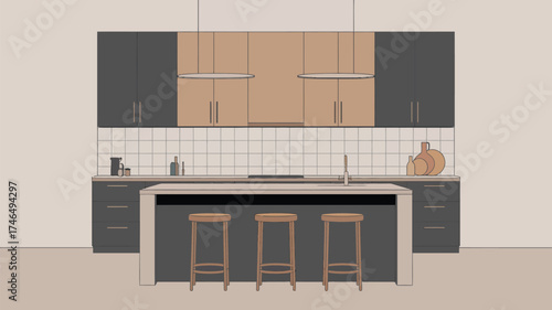A kitchen scene featuring dark gray and tan cabinets, a white tile backsplash, and a kitchen island with stools
