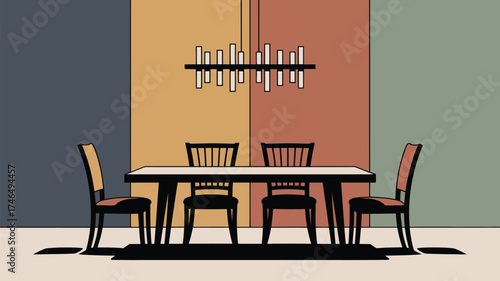 A dining room with a table and chairs under a modern chandelier against a colorful wall design