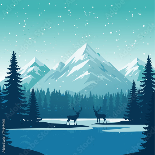 Tranquil Winter Mountain Landscape Vector Illustration with Snow-Capped Peaks, Pine Forest, and Deer by a Frozen Lake under Falling Snow