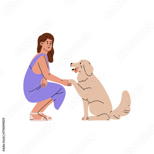 Owner teaches pup tricks, basic commands. Golden retriever gives, shakes paw to girl. Trainer plays with fluffy puppy. Dog training, exercises. Flat isolated vector illustration on white background.