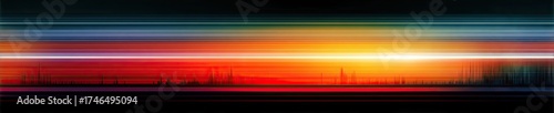 Abstract digital background with dynamic colorful stripes and pixelated city horizon. Modern art concept for wallpaper or backdrop design.