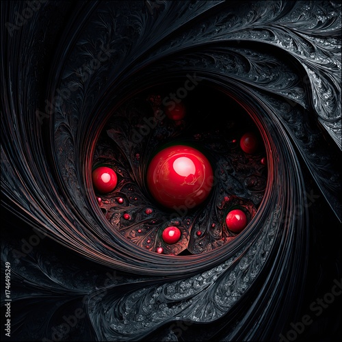 Abstract fractal art with red spheres embedded in dark, swirling, textured patterns. Modern digital design for backgrounds and creative projects.