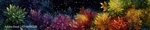 Fantasy flower field glowing at night. Magical nature landscape with colorful flora. Digital painting for wallpaper or abstract background.