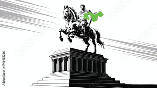Historic equestrian statue with flowing green cloth illustration
