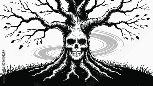 Haunted tree with skull face in dark fantasy landscape illustration
