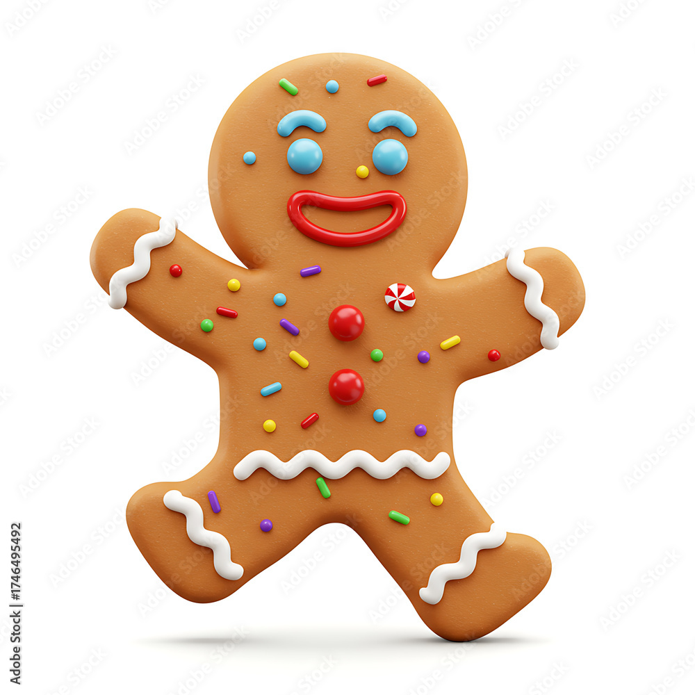 Obraz premium 3D Animated Gingerbread Man Christmas Character on Clean White Background for Festive Holiday Designs