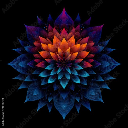 Abstract floral pattern with vibrant gradient colors. Fractal flower petals artistic illustration. Digital art for decorative background.