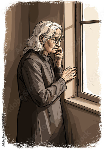 An elderly European woman with gray hair stands alone by the window, feeling sad and nostalgic. The style is doodle art with sketches. The background is a broad brushstroke.