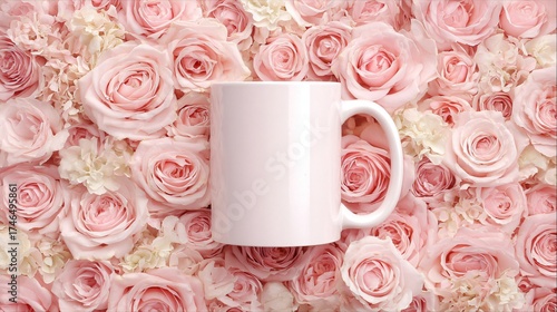 Elegant blank white mug mockup nestled amongst a luxurious bed of soft pink roses and creamy hydrangeas, perfect for showcasing custom designs.