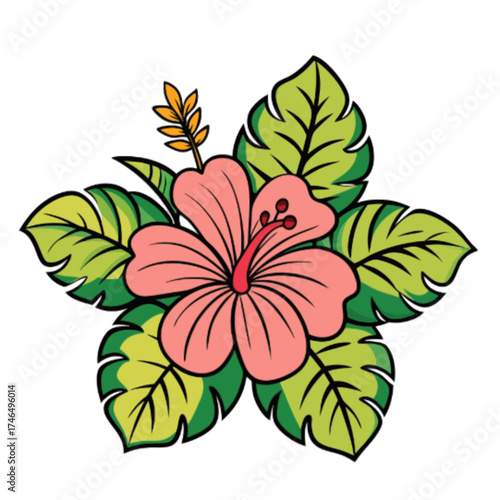 Vibrant pink hibiscus flower with lush green leaves, evoking tropical paradise and summer joy.