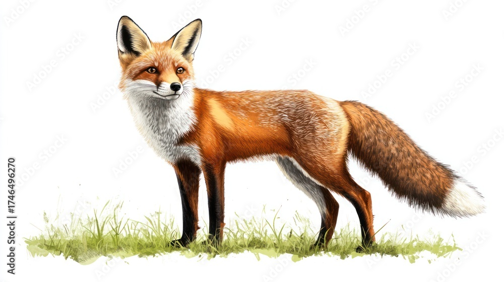 Fototapeta premium Red fox standing in grass, wildlife illustration, nature background, for print