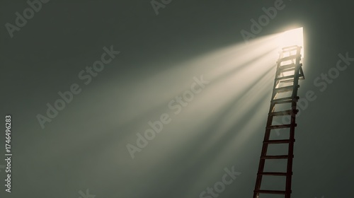 Wooden ladder reaching toward bright opening with dramatic light beams in dark room symbolizing hope ambition opportunity and journey toward success