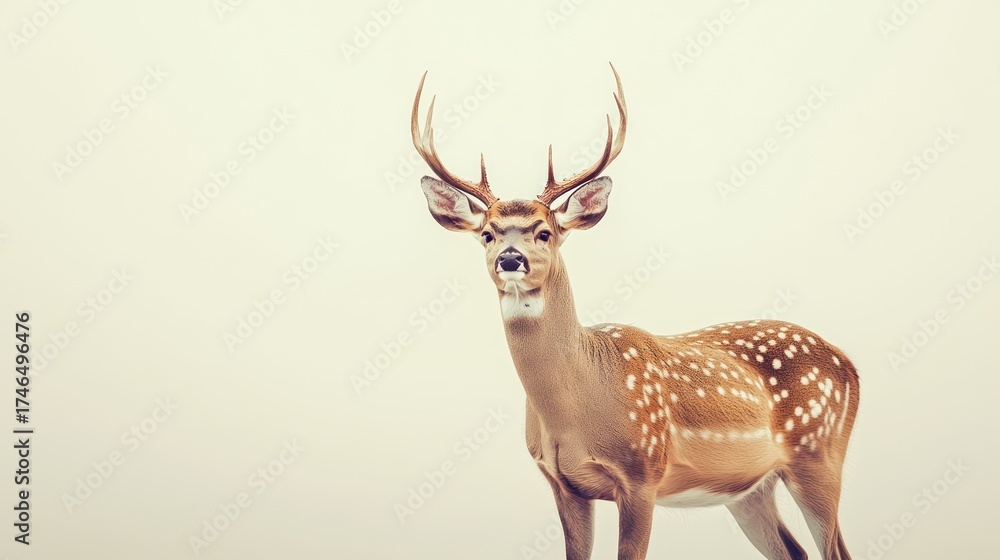 Fototapeta premium Majestic deer, foggy field, staring, nature, wildlife, calm, poster