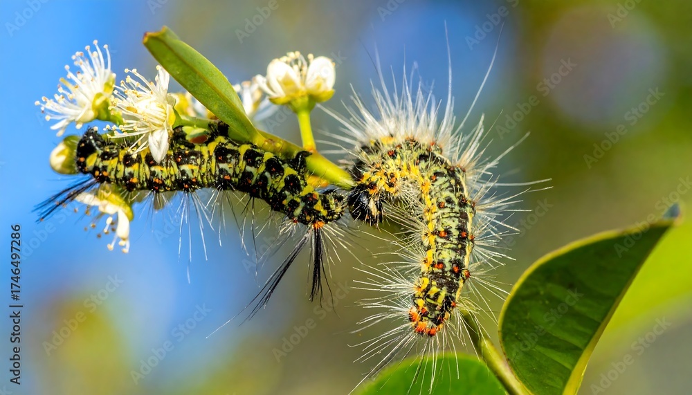 Fototapeta premium Two fuzzy caterpillars on a branch with flowers