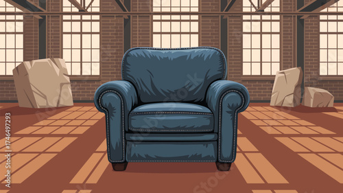 A blue armchair sits in a room with brick walls large windows and two rocks on the floor near the walls