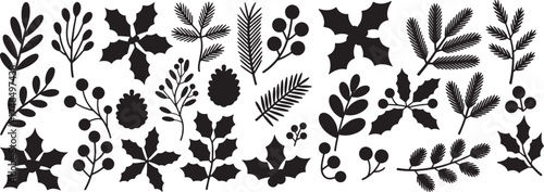 Festive Leaves, Berries, and Pinecone Silhouettes, Decorative Plant Vector Collection