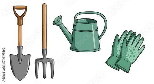 Gardening Tools with Watering Can and Gloves