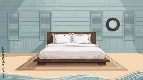 A bedroom with a bed and pillows against a blue wall with windows and a porthole decoration near beach 100