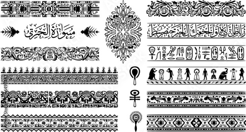 Aztec borders set. Ethnic ornament, decoration patterns in Arabic, Egyptian or native American tribal styles.