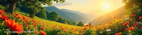 Sun-Drenched Summer Landscape Lush Greenery, Vibrant Flowers, Bright Sunlight