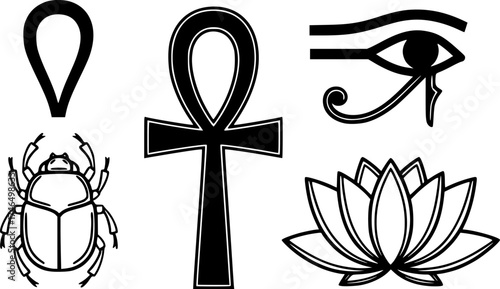 Black and white egyptian symbols featuring ankh eye of horus beetle and lotus flower
