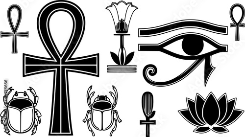 Black and white egyptian symbols featuring ankh eye of horus beetle and lotus flower
