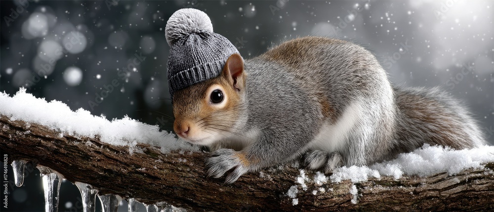 Fototapeta premium Squirrel wearing a knitted hat rests on a snowy branch during a winter scene with sparkling snowflakes in the background