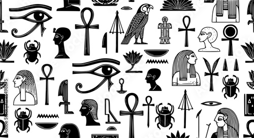 Ancient Egypt. Vintage seamless pattern with Egyptian hieroglyph symbols.