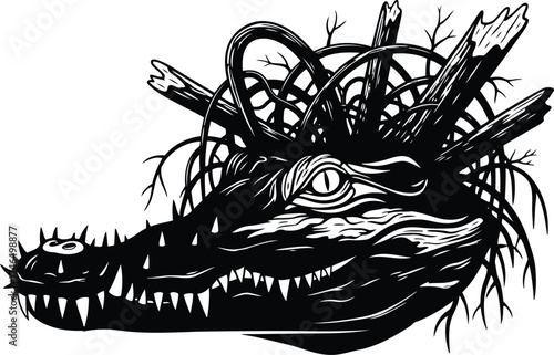 Black and white illustration of a fearsome alligator head with tangled branches and twigs forming its crown and mane