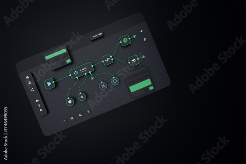 AI workflow automation artificial intelligence software interface nodes triggers data tool dashboard coding icon flow process technology 3d rendering.