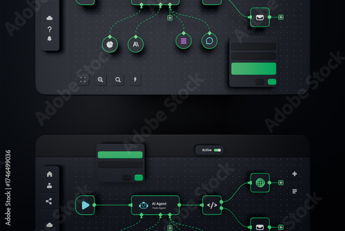 AI workflow automation artificial intelligence software interface nodes triggers data tool dashboard coding icon flow process technology 3d rendering.