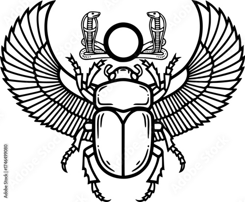 Ancient Egyptian scarab with wings line vector illustration
