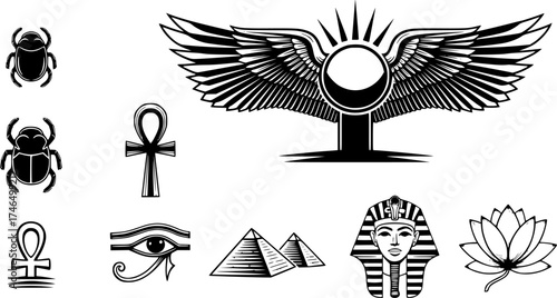 vector monochrome icon set with ancient egyptian symbol Winged sun for your project