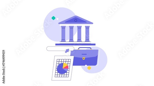 Business And Finance Concept With Bank Building, Briefcase, Pie Chart, And Documents Illustration