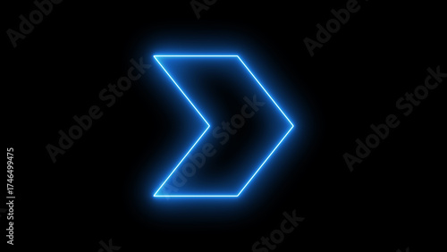 Vibrant blue neon arrow symbol pointing right, glowing with electric light, signifying direction, progress, and modern interface design, isolated on black background