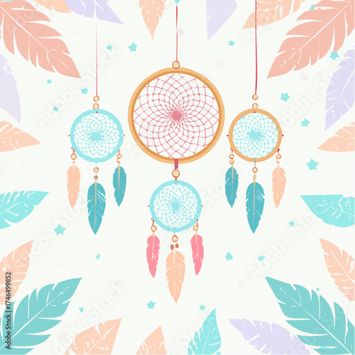 Dreamcatchers illustration with feathers pastel colors and star elements on white background