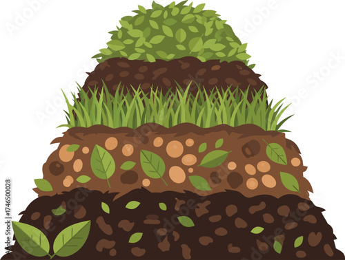 A cross-section illustration showing multiple soil layers, organic compost, grass, and decomposing plant matter, ideal for gardening, agriculture, ecology, or environmental education topics