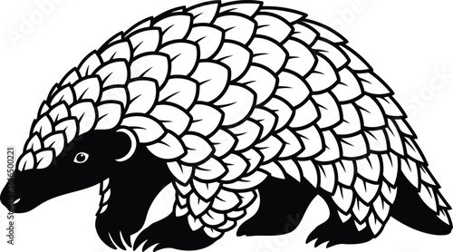 Black And White Stylized Pangolin With Scaly Armor And Claws On A White Background animal mammal