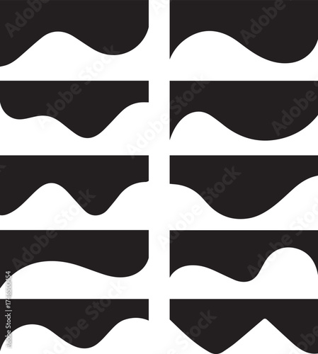 Collection of ten abstract black and white organic wavy shapes and borders on a white background
