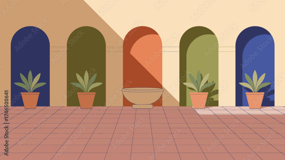 Fototapeta premium Illustration of courtyard with arched doorways plants in pots and a decorative bowl in the center