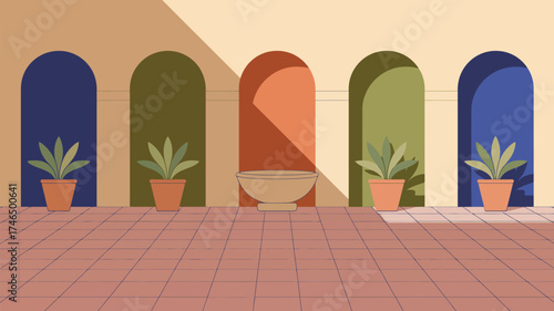 Illustration of courtyard with arched doorways plants in pots and a decorative bowl in the center
