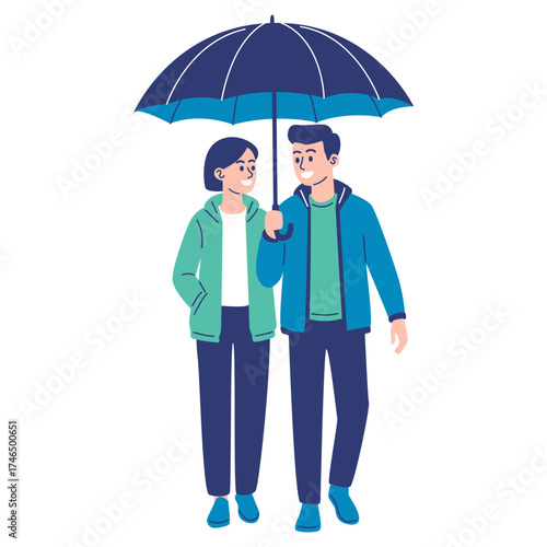 Romantic Couple Walking Together Under an Umbrella on a Rainy Day