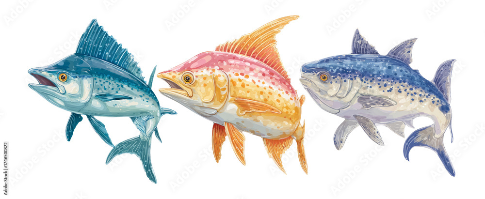 Naklejka premium Colorful Fish Trio with Distinct Features on Transparent Background