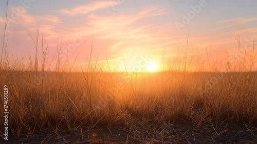 Golden Sunset Over a Field of Tall Grass.