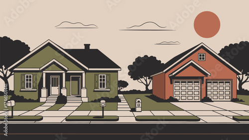 Illustration of two houses with different colors and designs on a street with trees and sun above